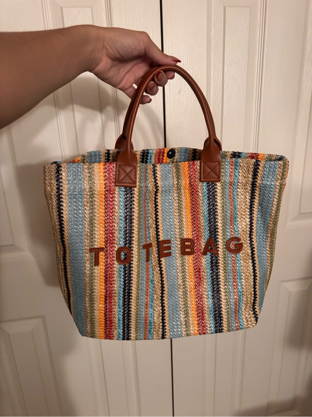 Multicolor Striped Straw Tote with Brown Handles - TOTE BAG - Picture 4 of 4